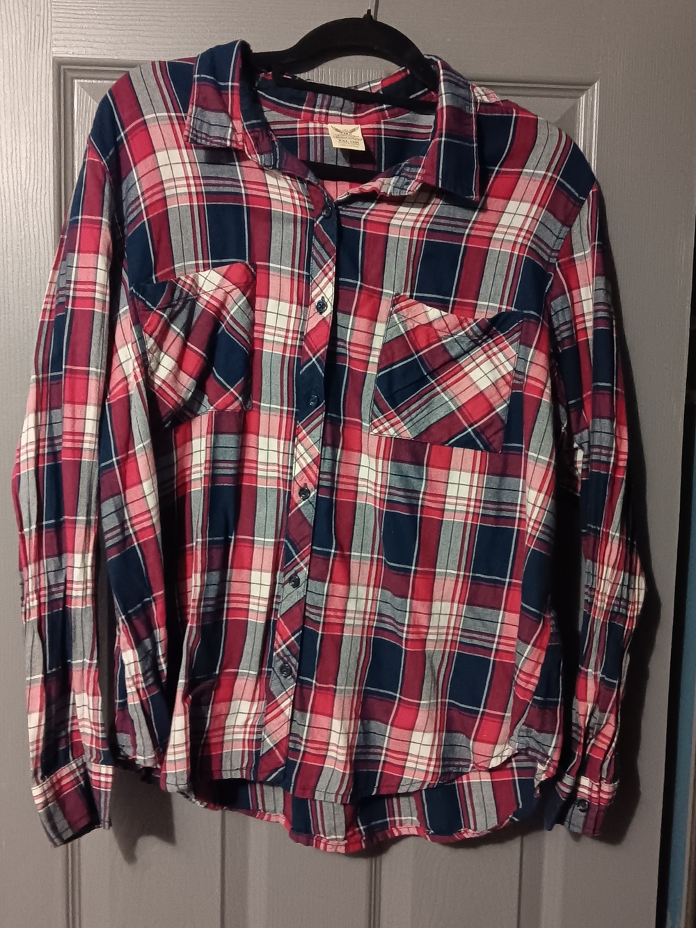Faded Glory Red, Navy & White Plaid Button-Down Shirt